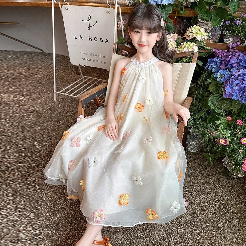 女童连衣裙2025夏季新款儿童无袖路肩网纱裙女孩清新花朵沙滩裙子