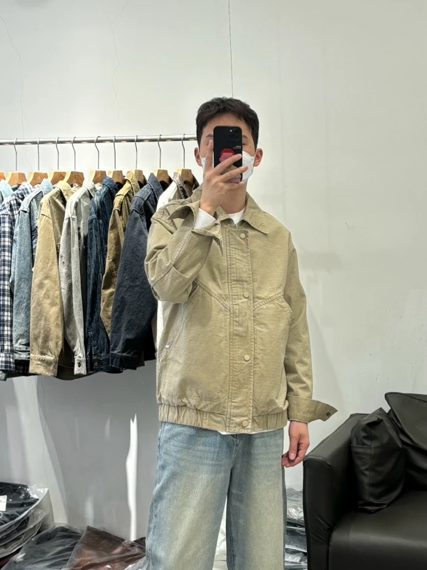男士春季新款高品质重工水洗美式复古休闲简约百搭翻领外套3139