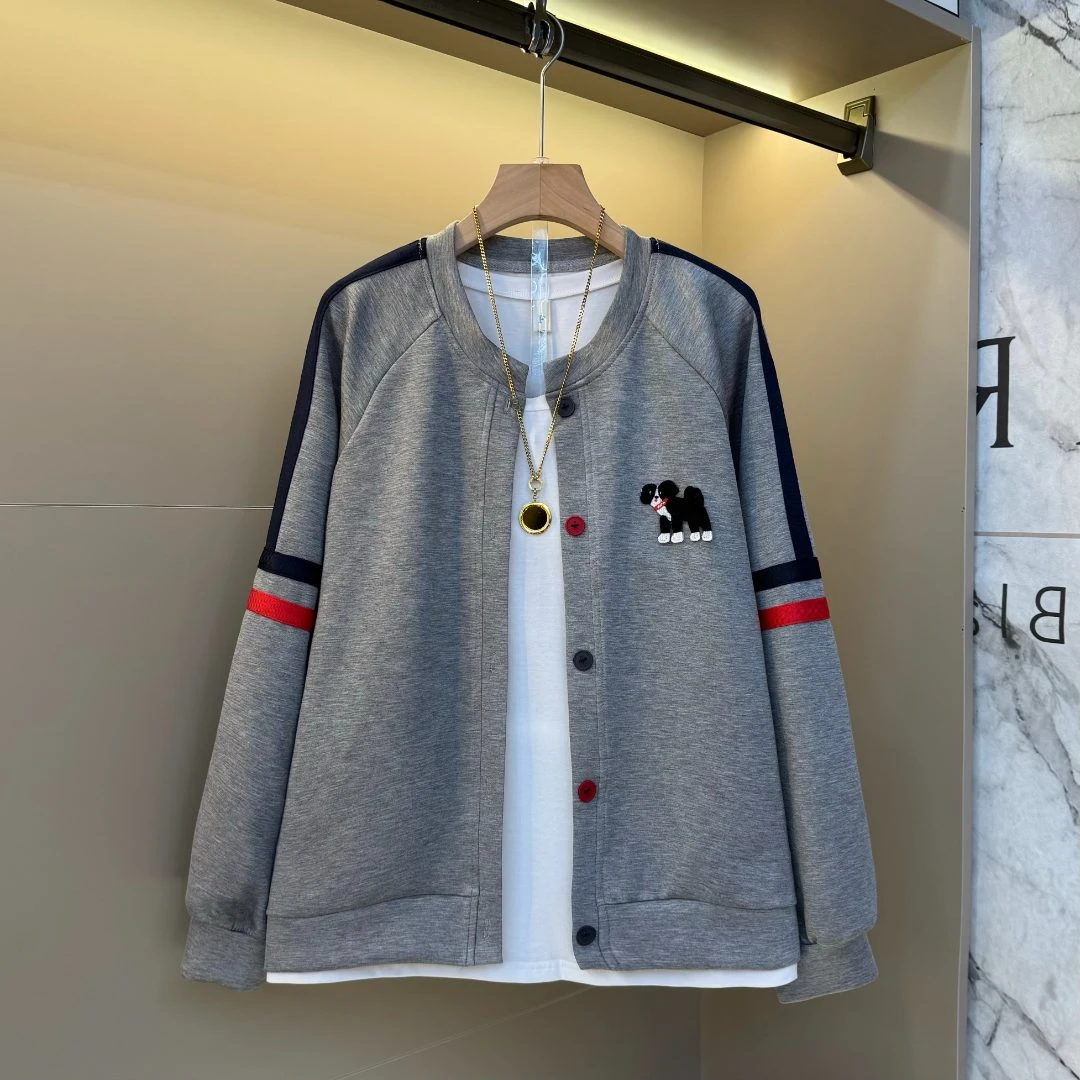 2025秋新款大码韩系时尚条纹小狗高级感显瘦胖mm百搭外套723