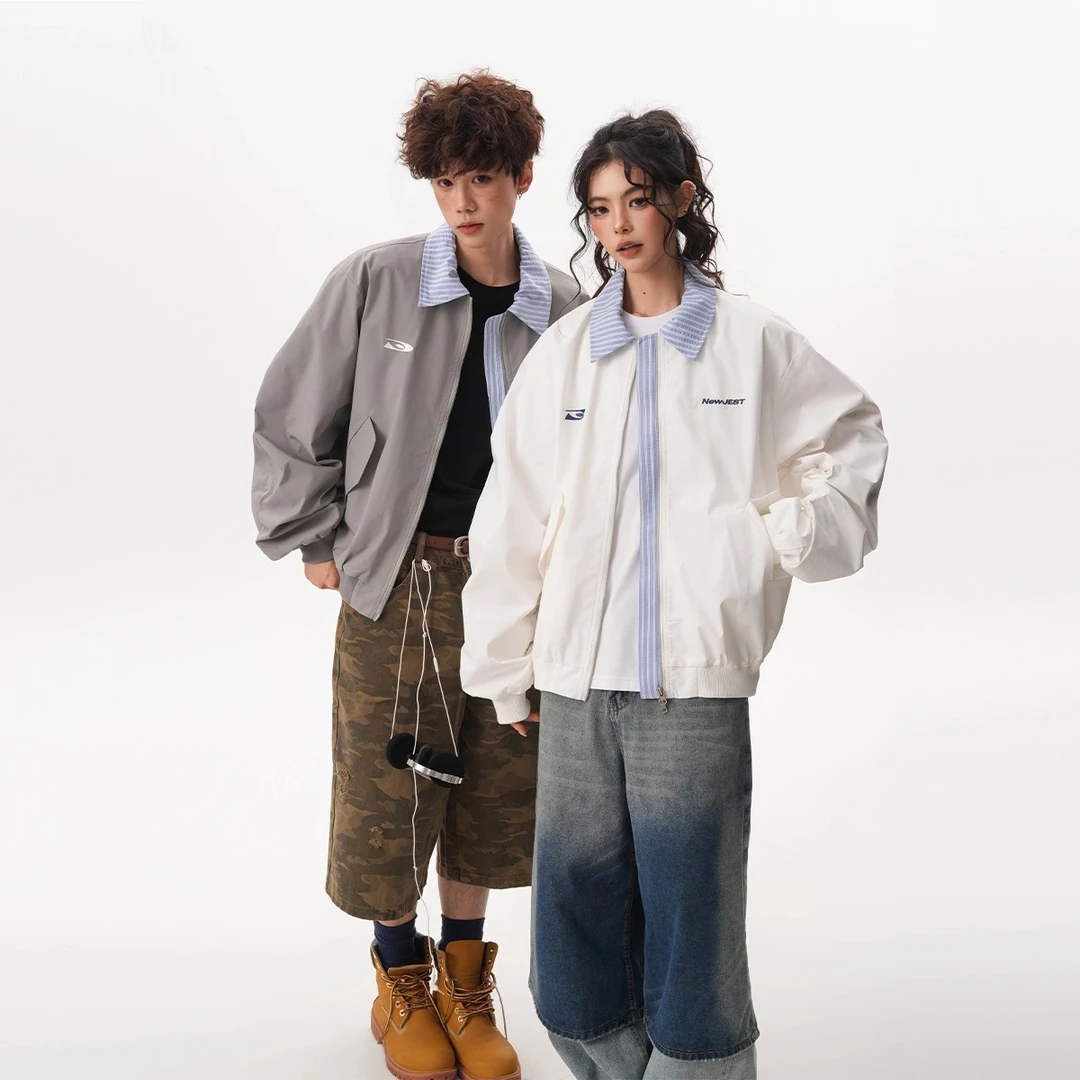 美式复古绣花夹棉假两件翻领棒球服棉服冬季男女夹克外套厚外套