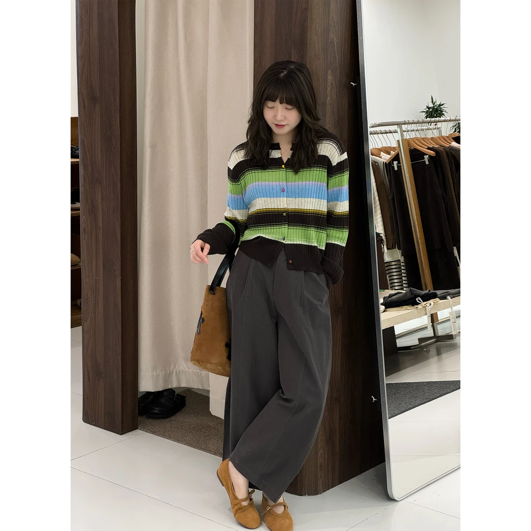 zhukele 彩条圆领羊 毛开衫