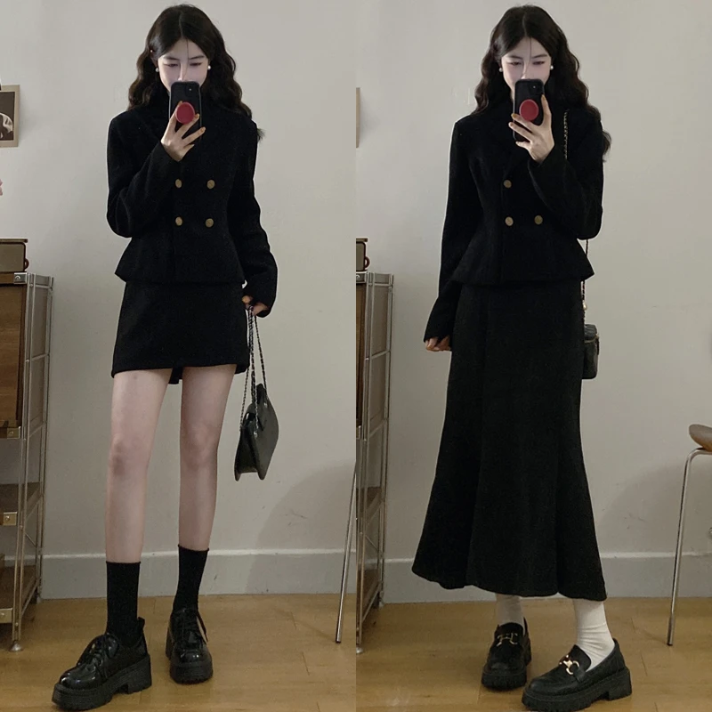 大码女装胖mm加绒加厚灯芯绒金扣西装外套鱼尾裙半身裙两件套装女