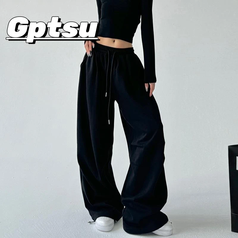 GPTSu黑色卫裤女2025春秋束脚工装阔腿休闲裤直筒宽松美式运动裤