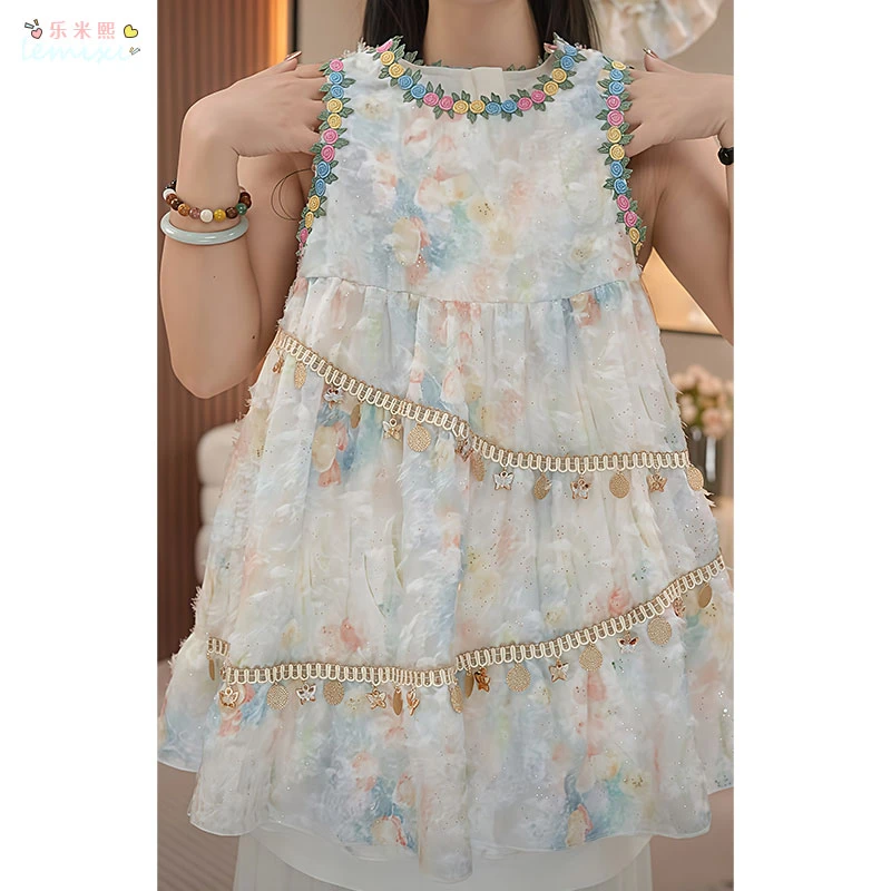 女童无袖背心裙2025夏款波西米亚风扎染花边连衣裙公主裙沙滩裙子