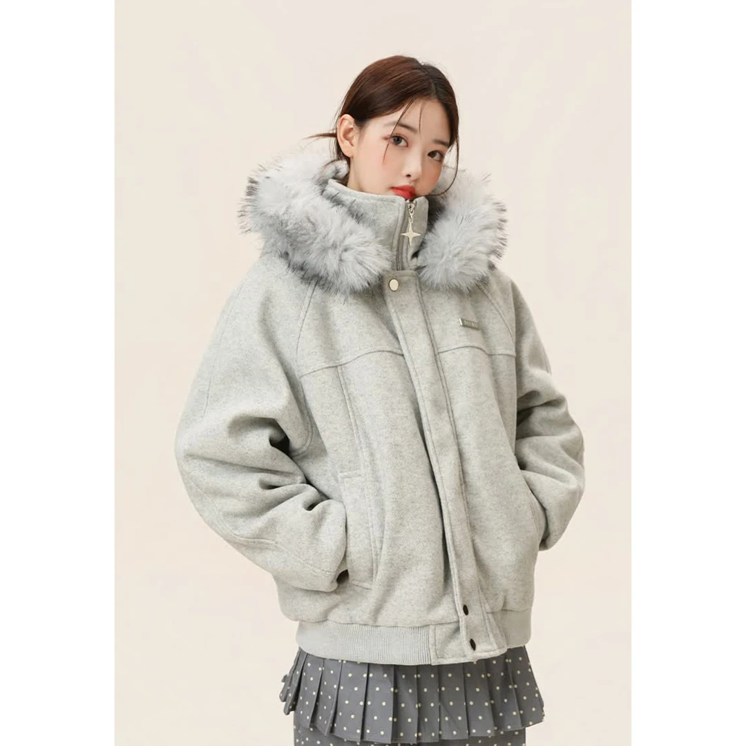 高级轻奢座山雕毛领连帽休闲毛呢拼接秋冬棉服情侣款上衣外套