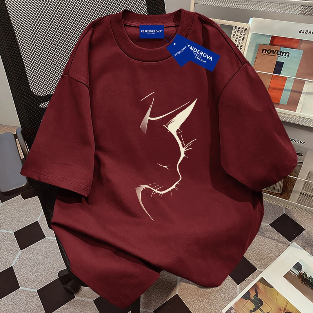 100%纯棉2026小猫印花酒红色短袖女潮牌t恤夏季简约复古百搭上衣