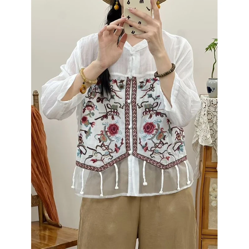 复古苎麻内里包边刺绣下摆流苏衬衫女夏文艺宽松百搭显瘦舒适上衣