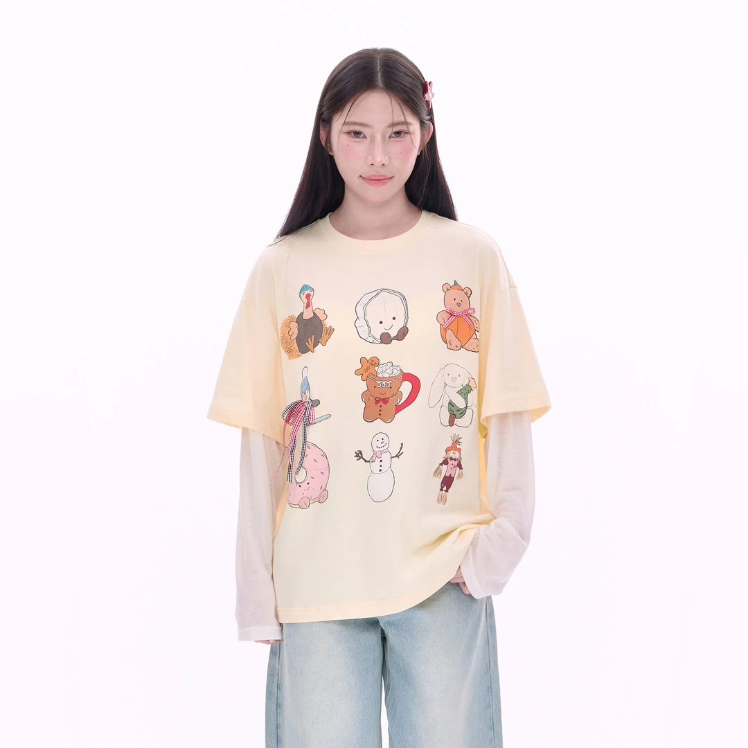 【清清】NCXK-彩绘玩具娃娃卡通印花假两件长袖T恤甜美宽松CX25018