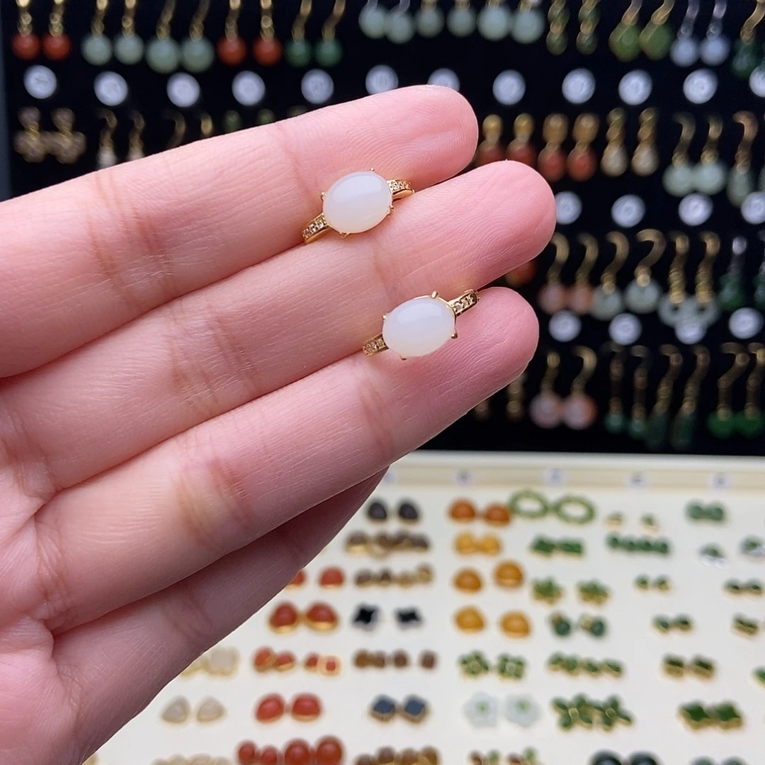 和田玉银S925镶嵌耳饰