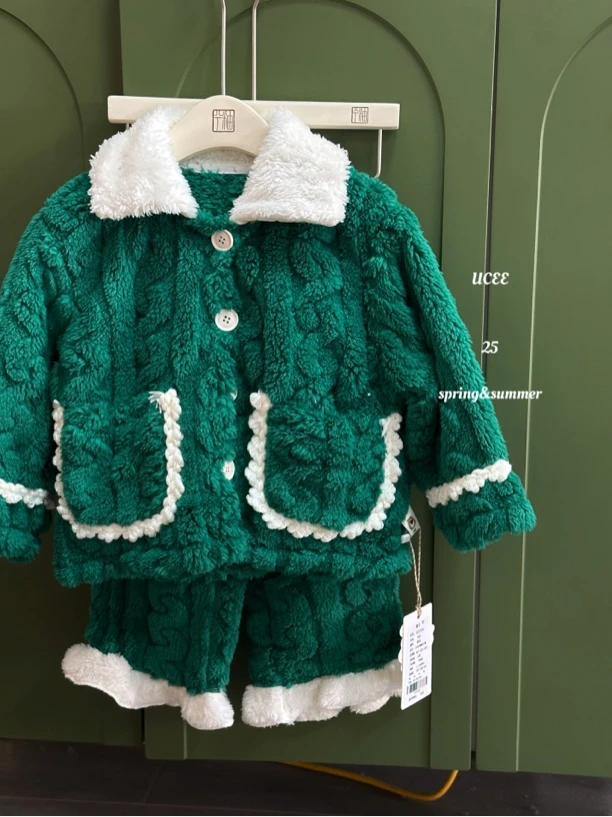 U237203 女童 冬款睡衣套装儿童可爱保暖室内睡衣女宝宝套装毛绒