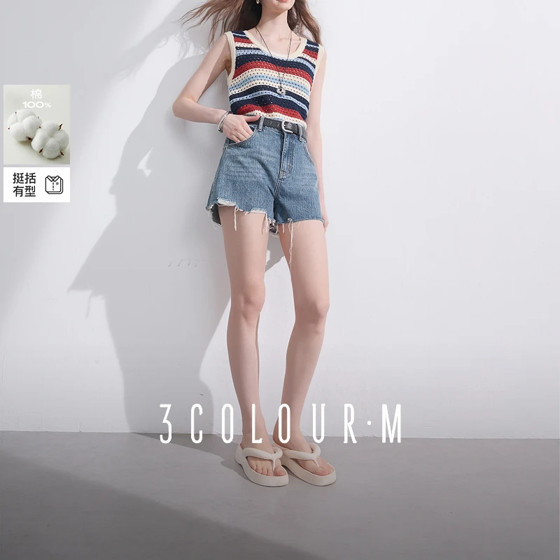 三彩2025夏季新款洋气高腰牛仔裤短裤直筒裤毛边热裤时尚女M