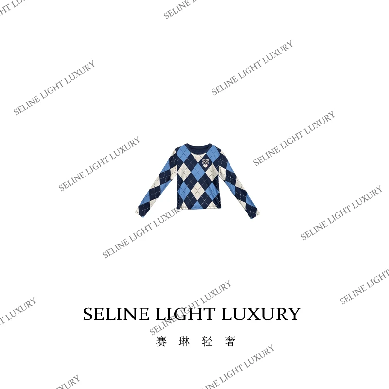 【24Q-138】2025 SELINE 春季拼色菱形格百搭时尚气质休闲圆领上衣