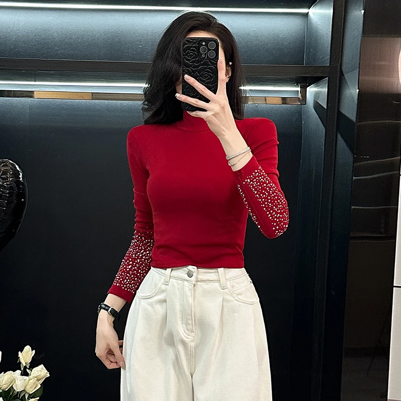 红色烫钻碎闪正肩长袖T恤2025春秋新款半高领打底衫显瘦短款上衣