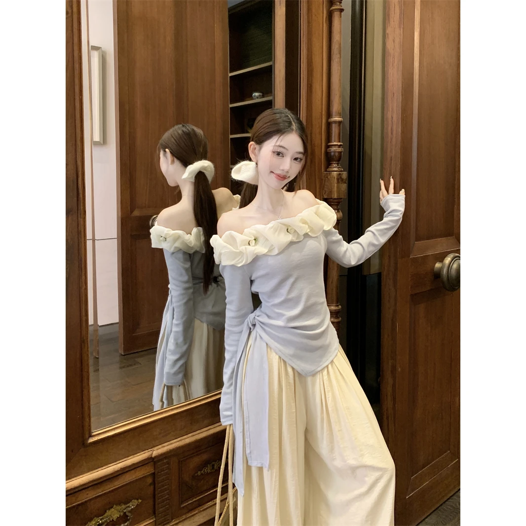 【1839】纯欲花朵一字领不规则上衣高腰宽松阔腿裤大摆伞裙两件套