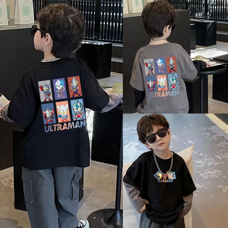 男童奥特曼纯棉长袖T恤2025春秋新款洋气儿童假两件外穿上衣打底t