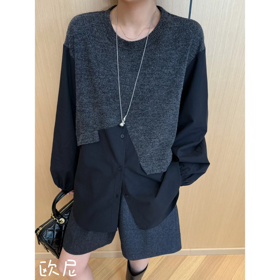 欧尼私服 2025秋季新款设计感假两件拼接衬衫长袖上衣2508C4827