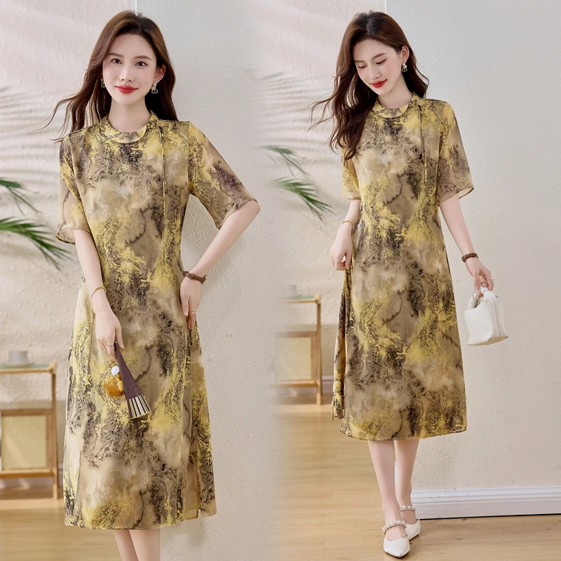新中式国风复古洋气时髦印花时尚中长款连衣裙妈妈装2025夏装新款