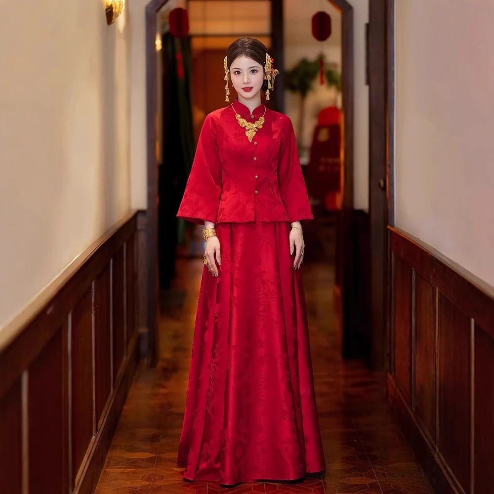 敬酒服新娘新款订婚结婚宴酒红色喜庆礼服裙回门出阁便装长袖中式