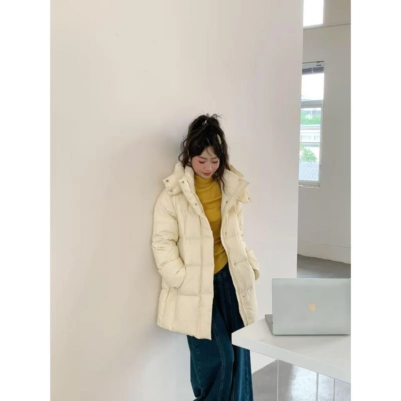 2025新款韩版中长款时尚百搭休闲连帽泡芙面包白鸭绒羽绒服外套女