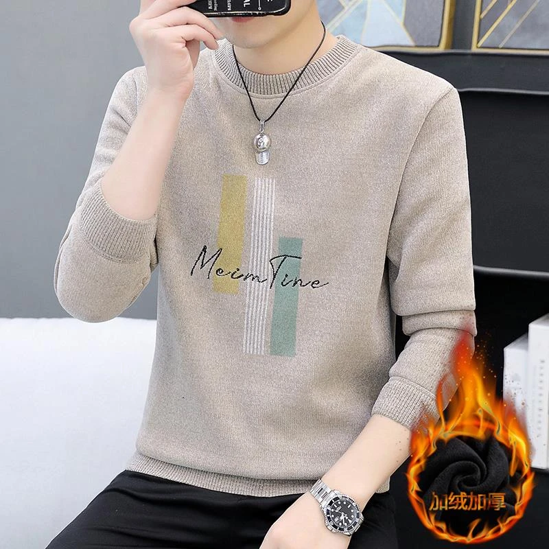 高端男士套头加绒加厚毛衣秋冬新款圆领一体绒打底衫保暖针织线衣