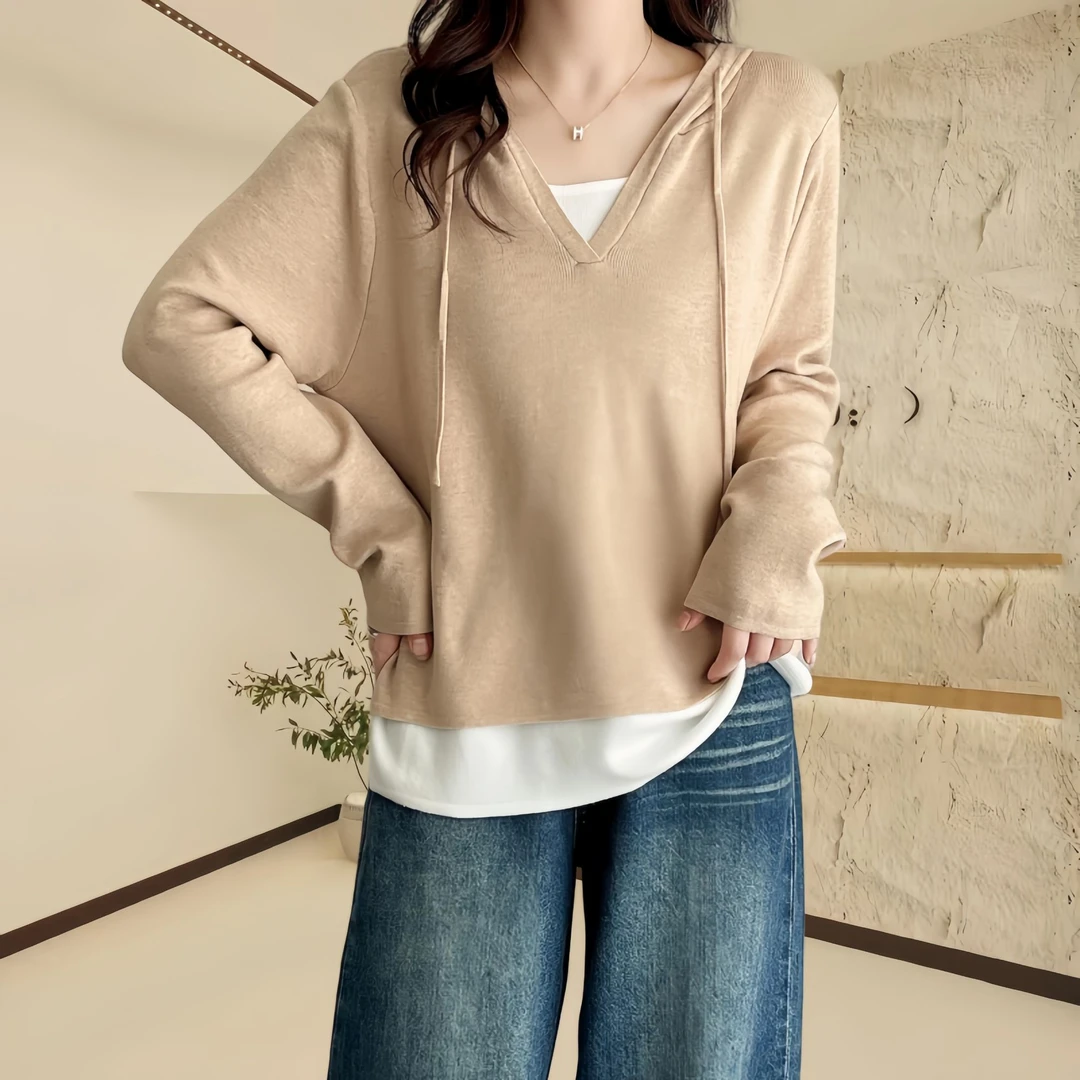 加宽加大码春秋新款洋气针织衫柔软假两件连帽显瘦时尚上衣长袖