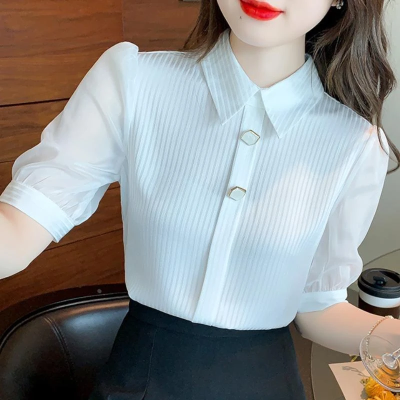 雪纺衬衫女2025夏装新款韩版休闲气质中袖职业装时尚洋气短袖衬衣