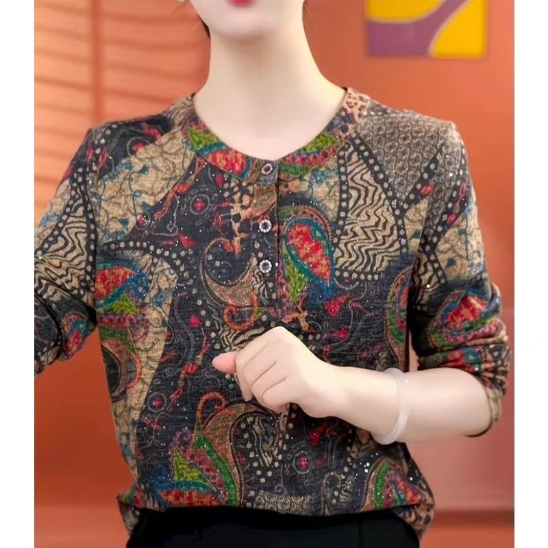 法式印花长袖百搭显瘦遮肉复古花色妈妈装打底小衫