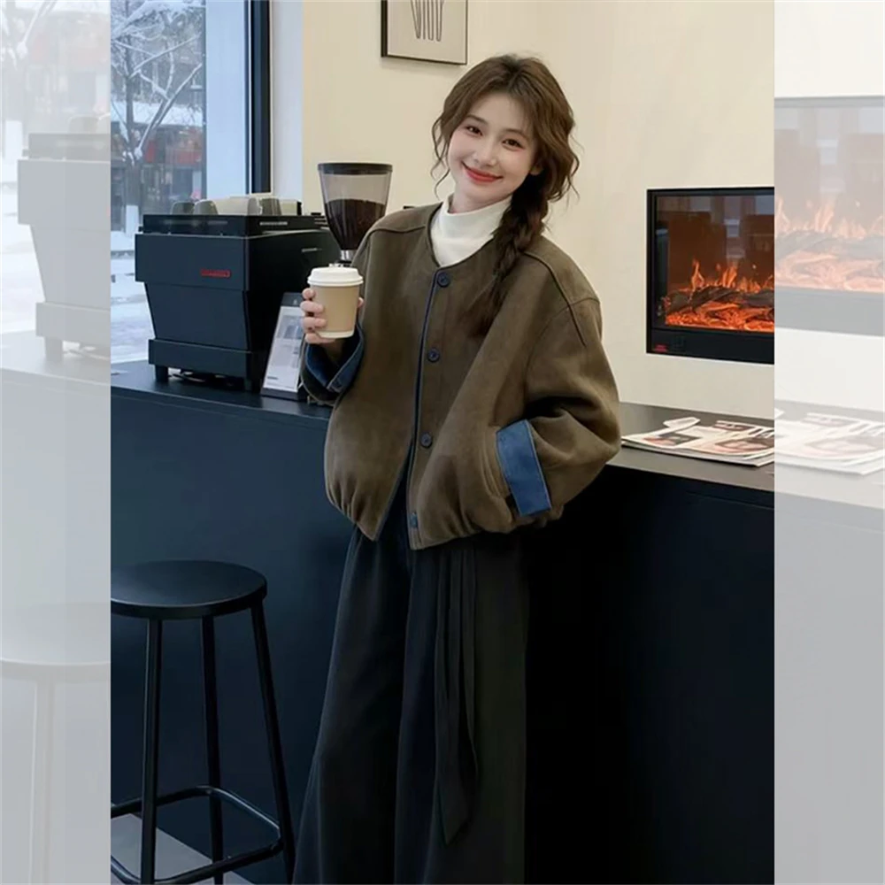 【胶片日记】韩系复古风撞色圆领短外套高级宽松减龄小个子百搭上衣