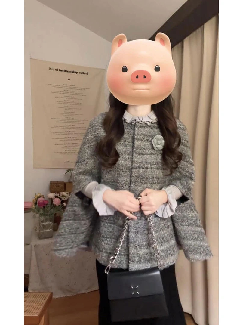 韩系千金风穿搭套装女秋冬季荷叶边打底毛呢斗篷外套半身裙三件套