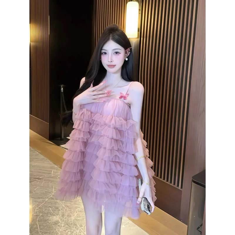 纯欲超仙少女感网纱吊带连衣裙女春季新款蓬蓬裙遮肉A字短裙