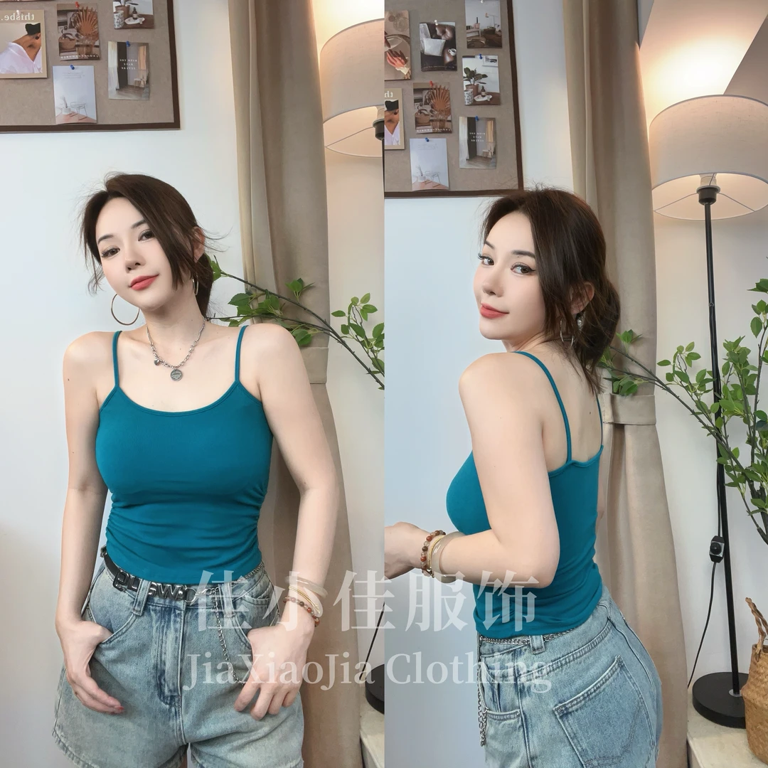 四季网红流行色性感修身褶皱掐腰显瘦辣妹百搭背心自带杯垫复古