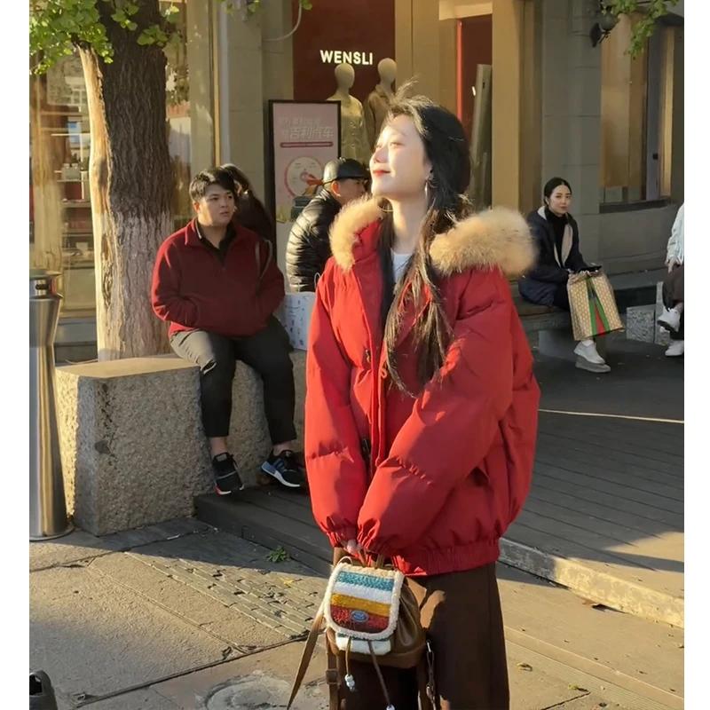 秋冬流行穿搭一整套女2025新款红色连帽棉服外套百搭休闲裤两件套