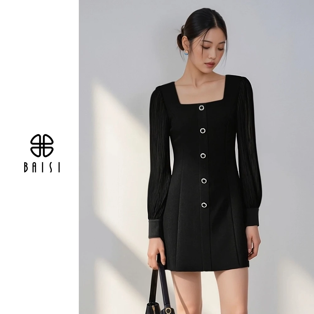 BAISI/百丝法式减龄轻礼裙A字立体显瘦立肩优雅款拼接风琴褶手袖