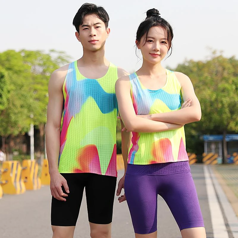 PIBI田径无痕压胶男女训练健身短跑背心马拉松跑步体考比赛运动服