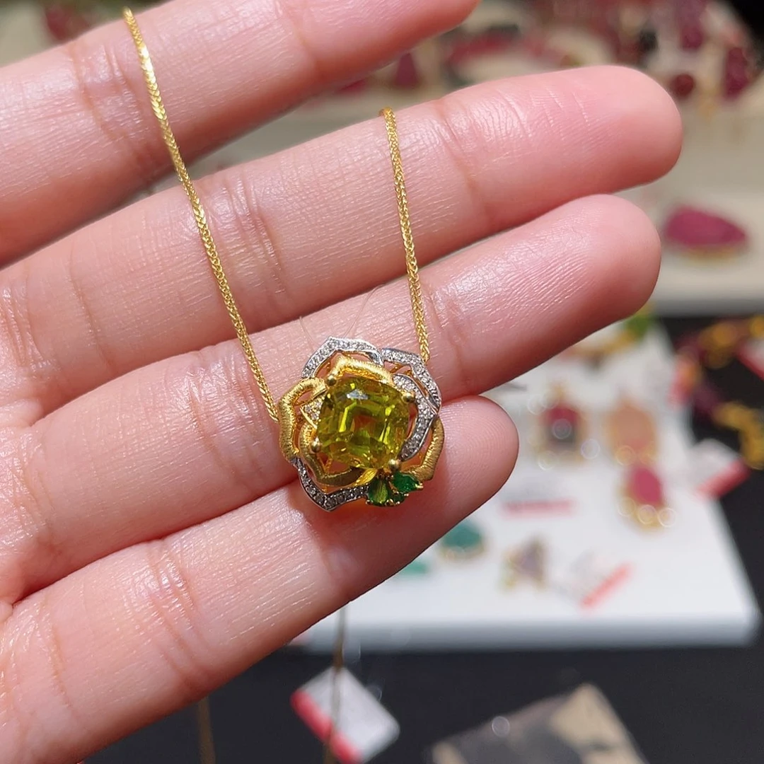 碧玺吊坠(不含链)18K金镶嵌 金丝雀 玫瑰花