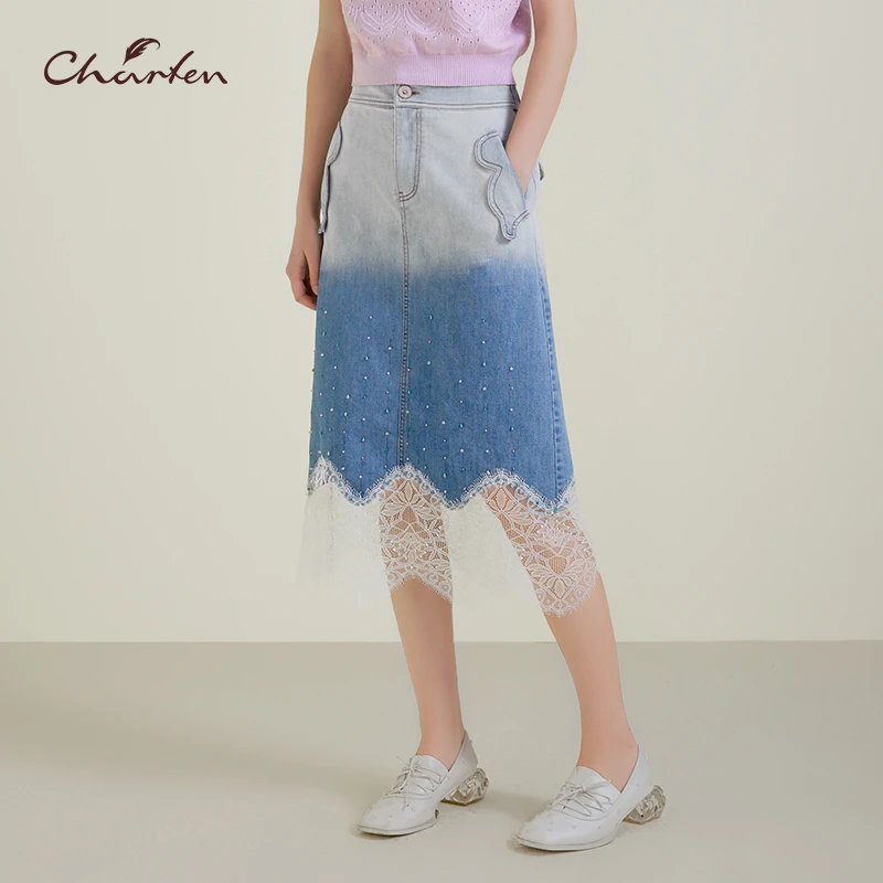 【媛媛专享】朝峰春季新款蕾丝拼接牛仔半裙CFE2E601-6018S