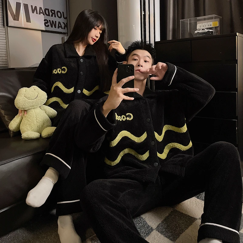 珊瑚绒情侣睡衣女秋冬季加厚保暖法兰绒男士简约可外穿家居服套装
