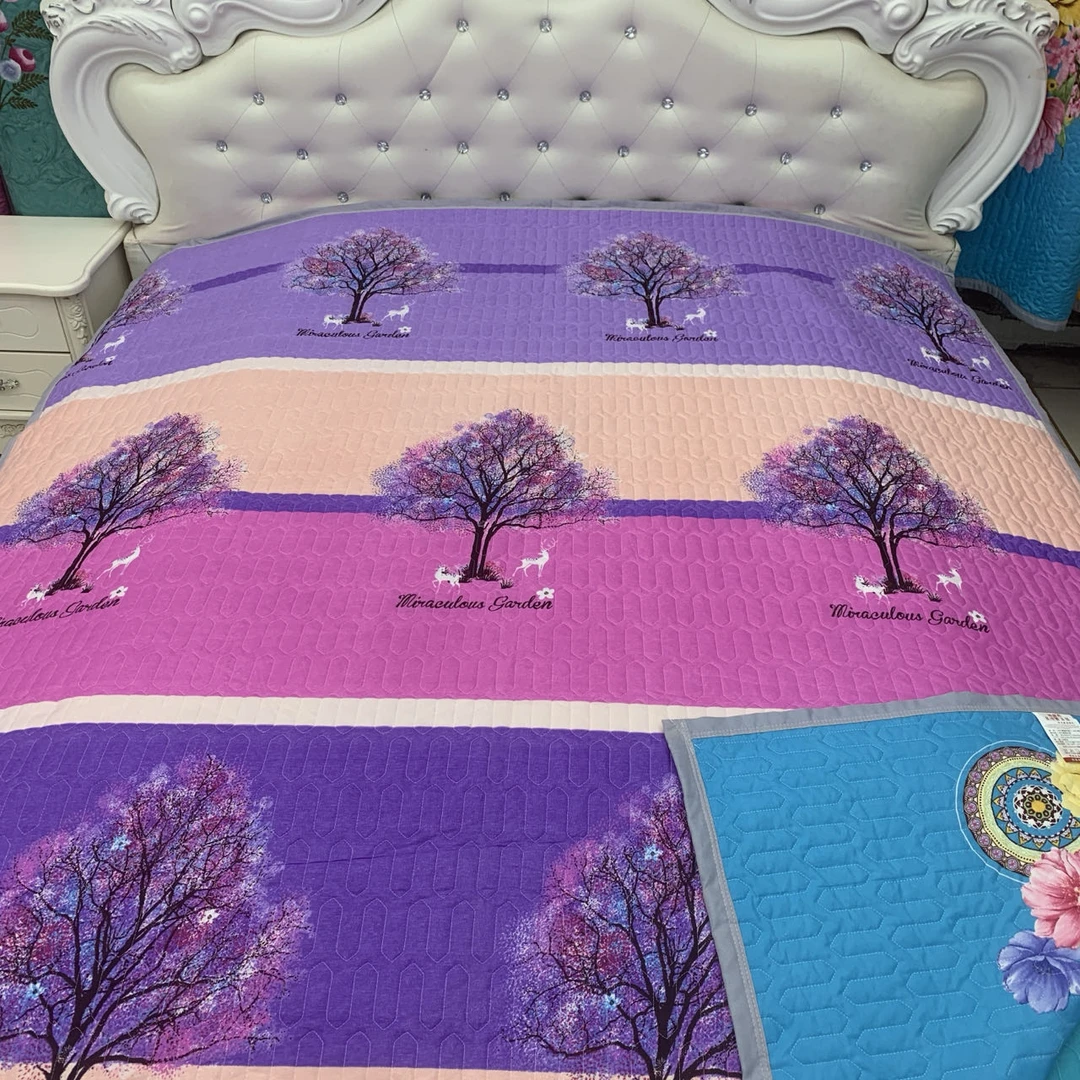 【紫色发财树孔雀床盖】夹棉双面绗缝亲肤加厚大床蓝色炕盖