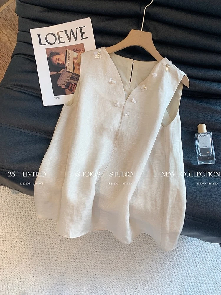 老钱风V领钉珠吊带背心女夏季慵懒宽松薄款显瘦高级无袖衬衫上衣