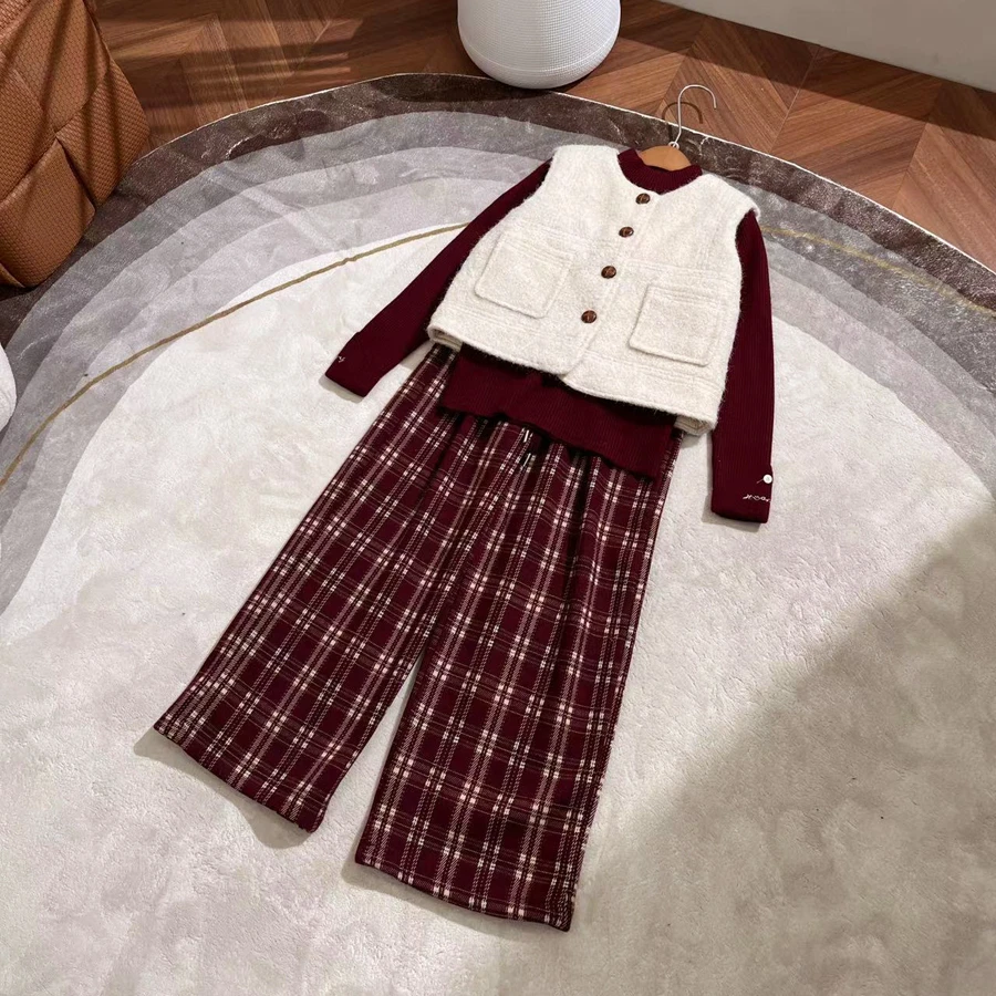 年服女大童时尚秋冬套装马甲+毛衣+长裤洋气三件套-YHW413