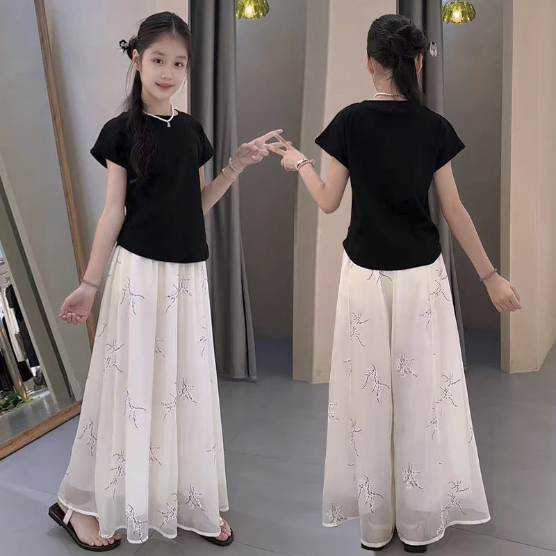 女童夏季裙裤套装2025新款女孩简约中式古典休闲洋气阔腿裤两件套
