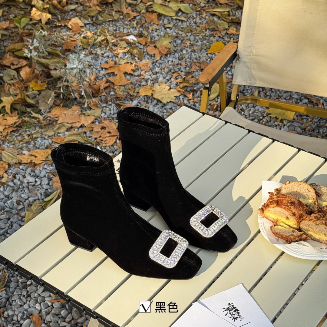 2026早春时尚百搭粗跟方头弹力短靴秋冬新款女鞋