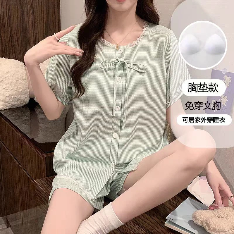 云朵棉夏季圆领甜美可爱条纹蕾丝花边女款睡衣短袖短裤套装家居服