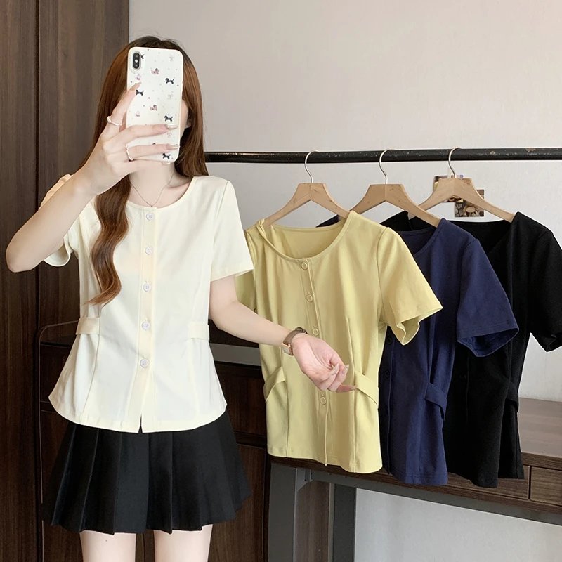 【珺主老师精选】夏装新款胖mm大码女休闲百搭收腰修身显瘦短袖T恤