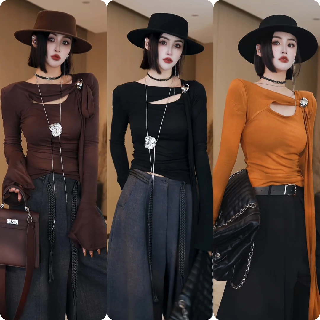 设计感不规则镂空喇叭袖针织衫显瘦修身小女人纯欲针织衫女W6955