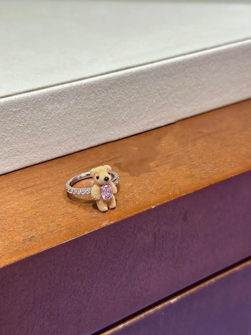【新人礼】珍珠乐园系列 植绒小熊粉钻戒 开口可调节
