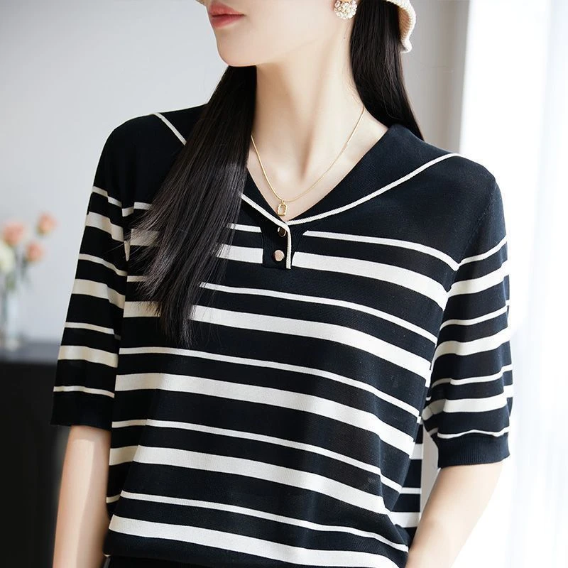2025时尚显瘦春夏季女装新款海军领T恤条纹上衣