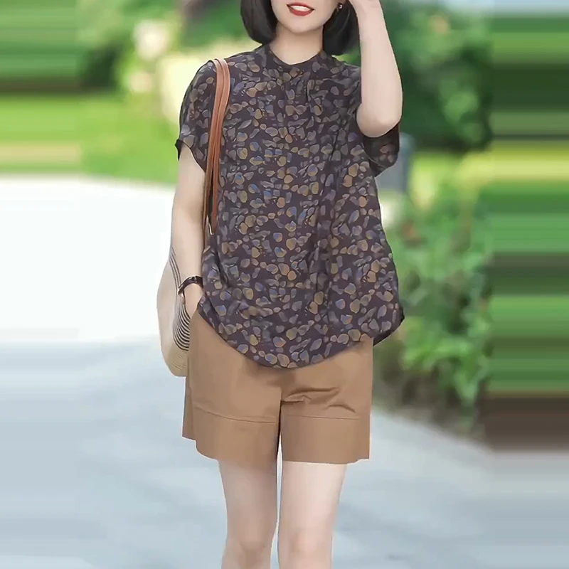 复古印花时尚套装女夏季新款两穿立领排扣衬衫上衣+棉短裤两件套