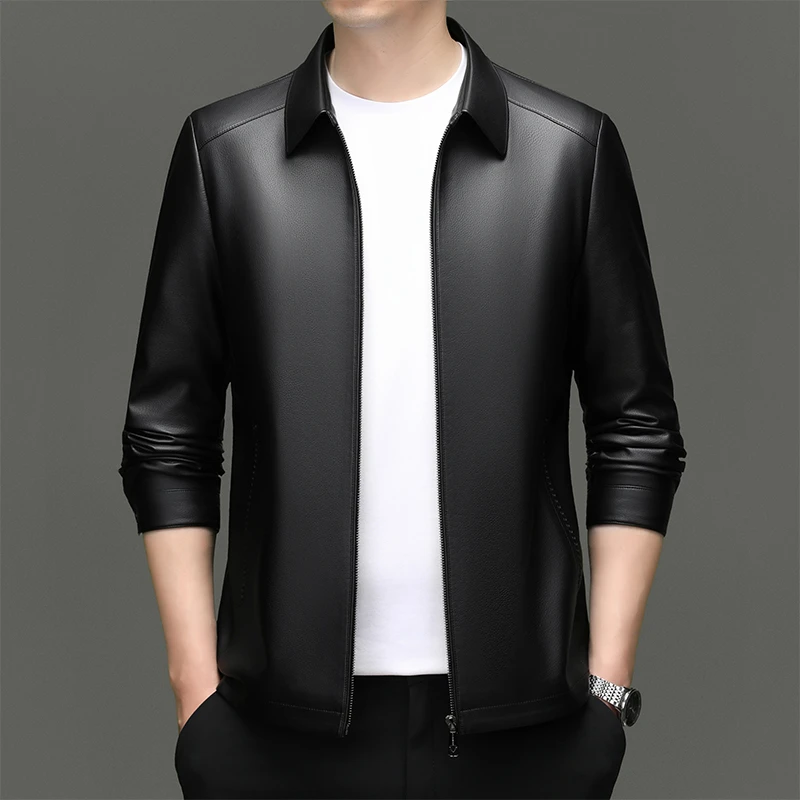 海宁皮衣男士商务休闲时尚帅气百搭翻领真皮夹克款男装皮衣外套