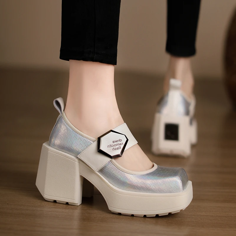 修悦手工女鞋8.5CM厚底一字带玛丽珍女鞋春季欧若风全真皮高跟鞋